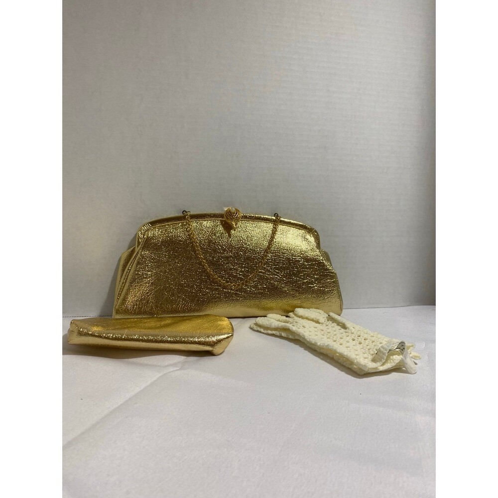Set of 3 Vintage Metallic gold evening clutch+ large coin purse + gloves - Picture 6 of 12